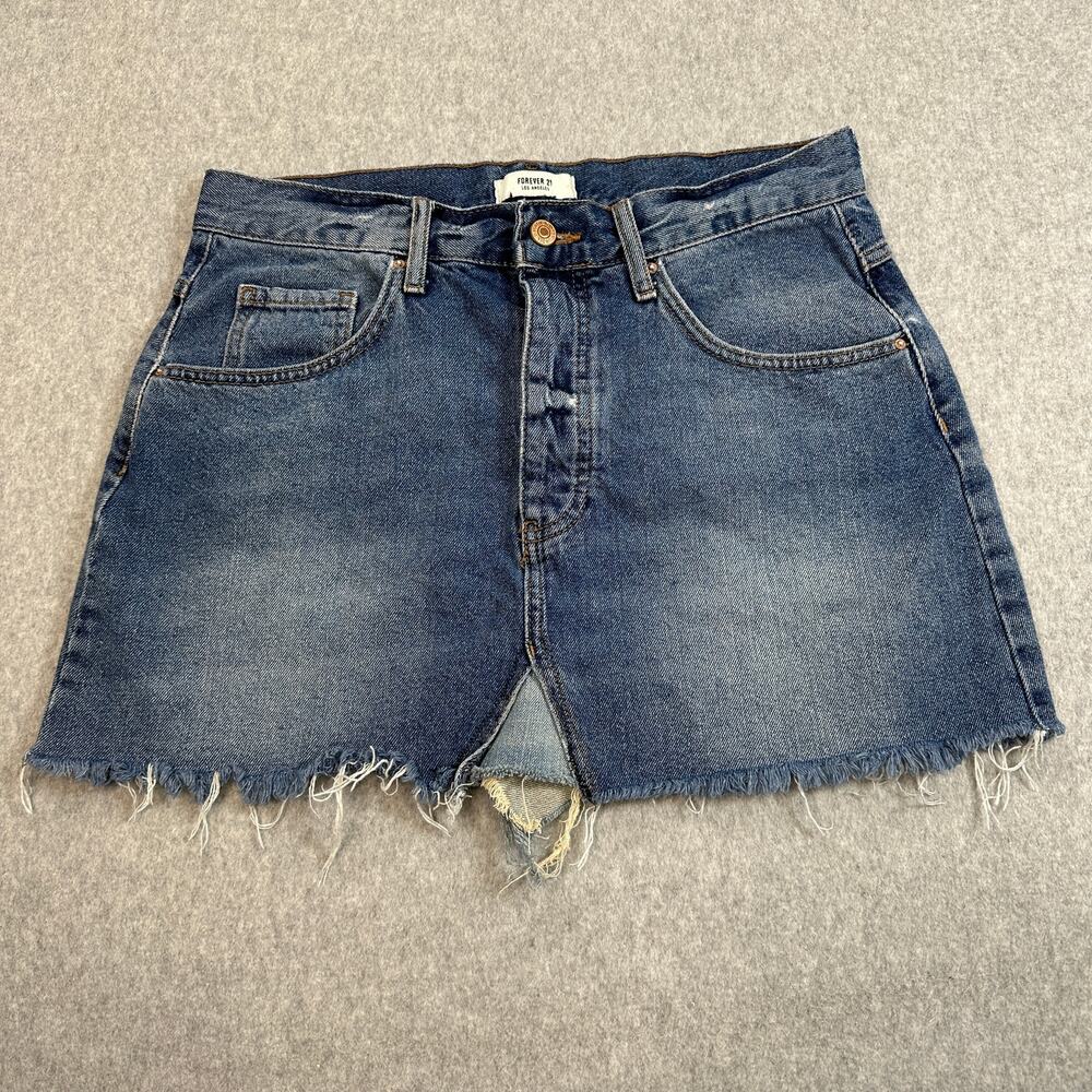 Forever 21 Jean Skirt Womens Sz 28 Blue Denim Button Fly Frayed Hem Medium Wash